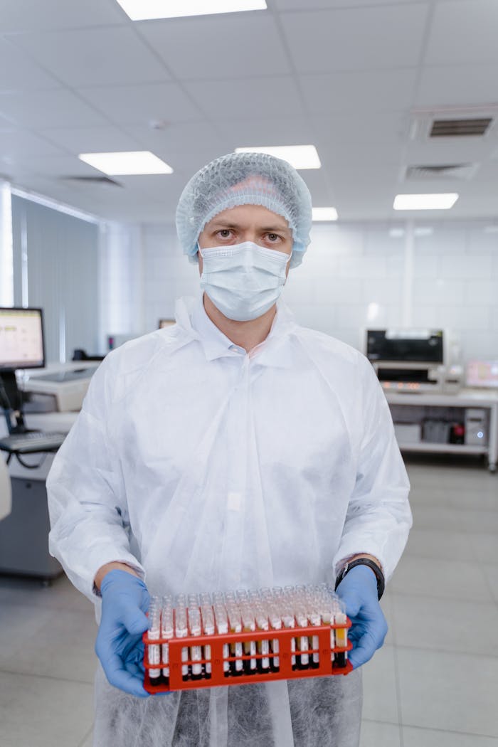 Medical professional in protective gear holding test tubes in a lab setting.