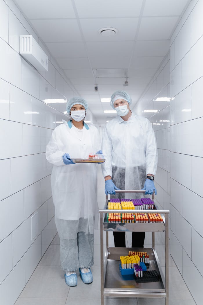 Two scientists in protective gear transporting samples in a sterile laboratory corridor.